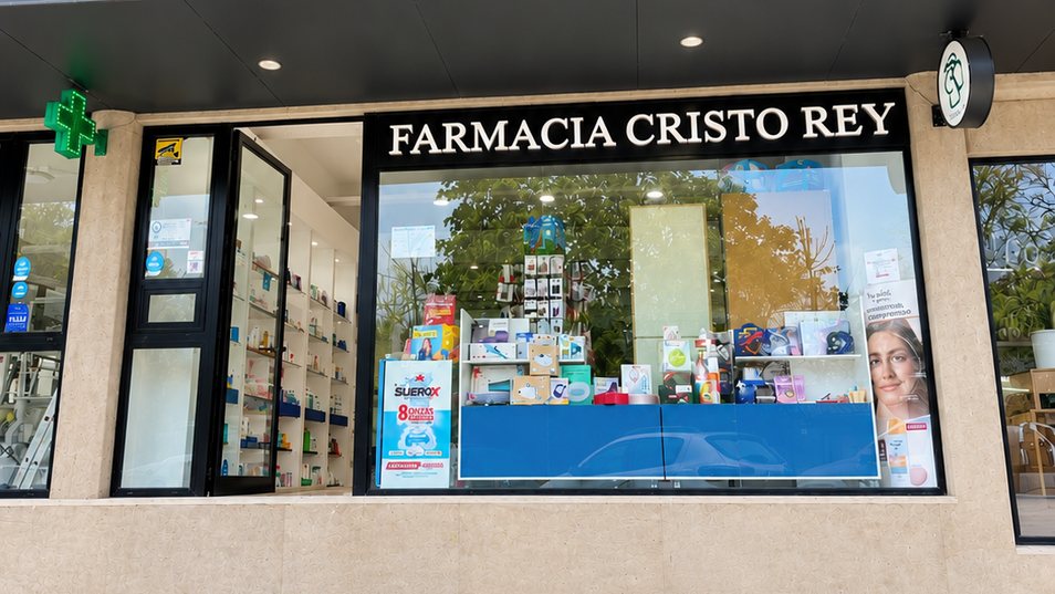 Frente de la sucursal de Boulevard 9 de Julio 1200, con el cartel de Farmacia Cristo Rey y la cruz verde encendida